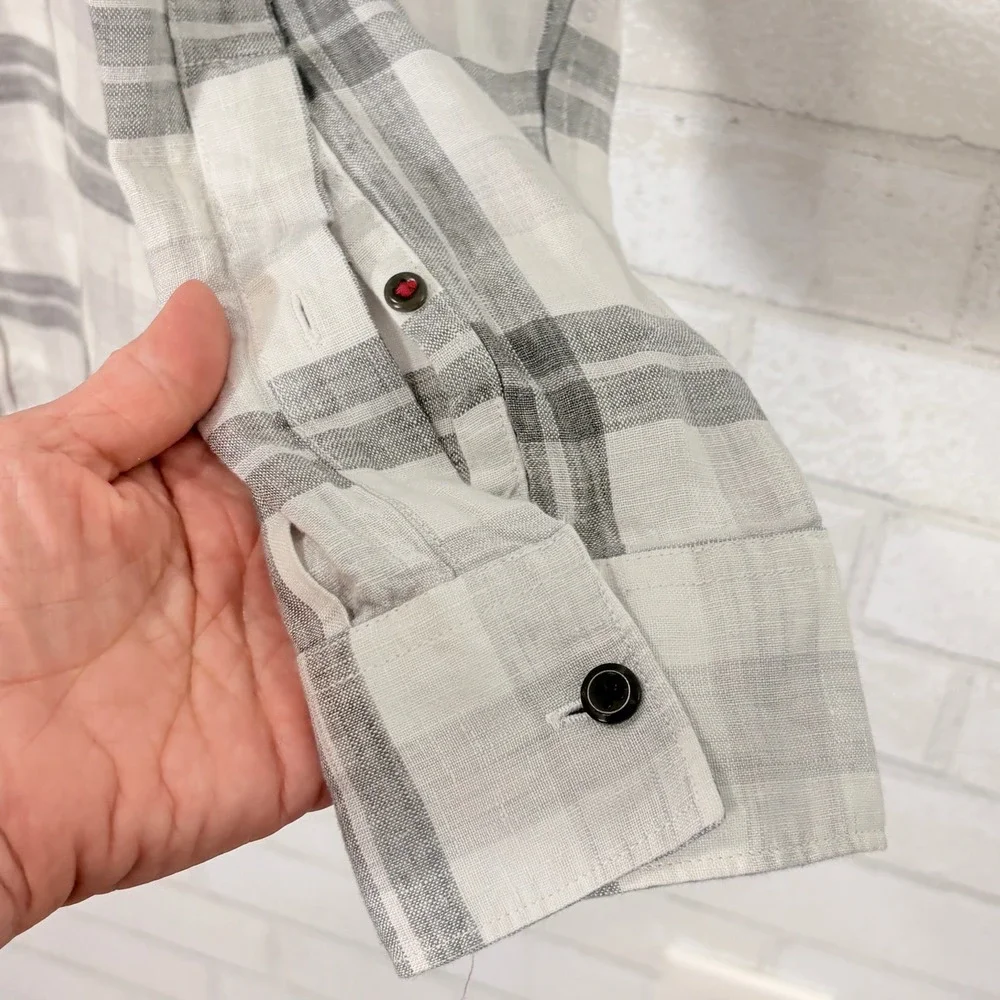 Banana Republic Men Linen Button Down Shirt Large Plaid Tailored Slim Fit Pocket